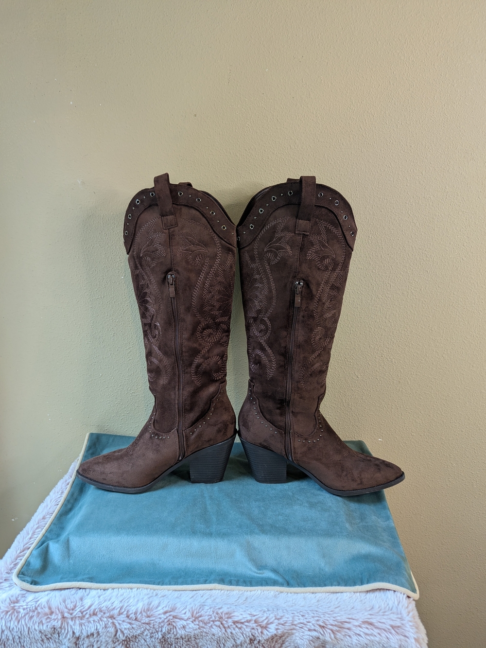 Western Embroidered Knee-High Boots in Dark Brown